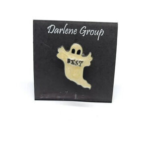 NOS Halloween White Enamel BEST Ghost Black Tone Darlene Group Pin Brooch
